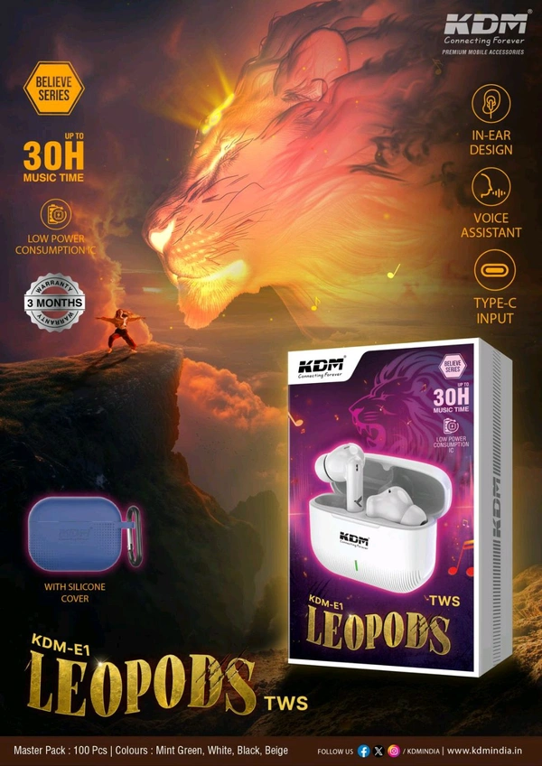 KDM-E1 LEOPODS 🦁 (UP TO 30HRS⏳ MUSIC 🎵 TIME) BELIEVE SERIES WIRELESS EARBUDS *_With Silicone Cover, Low Power Consumption IC⚡️,In-Ear Design & Voice Assistant 🤩_*                                                                                           - White