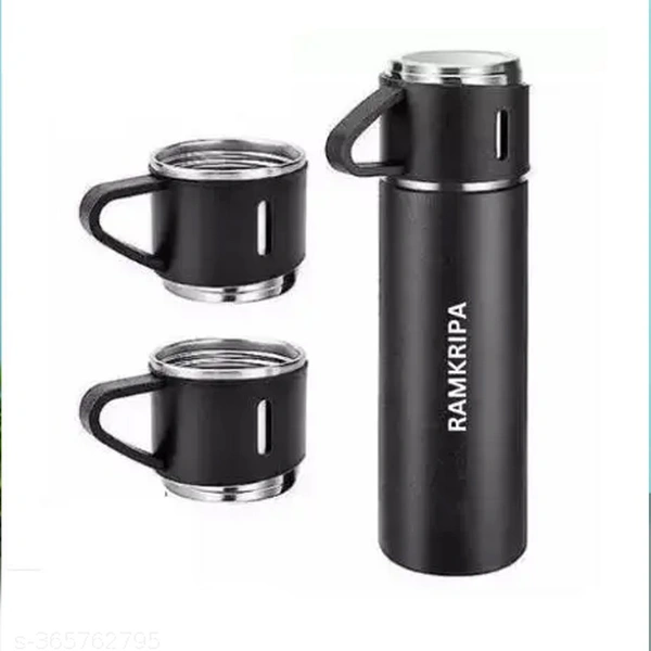 EngravingStainless Steel Vacuum Flask Set with 3 Steel Cups Combo for Coffee Hot Drink and Cold Water - Black