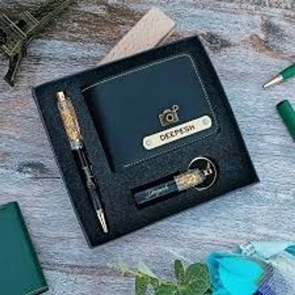 Engraving Faux Leather Men’s Wallet + Gold Zari Pen Set - Tan
