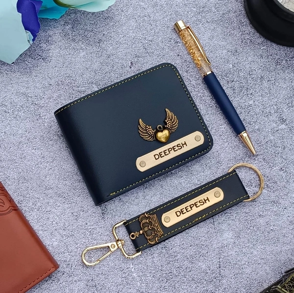 Engraving Faux Leather Men’s Wallet + Pen + Leather Keychain - Blue