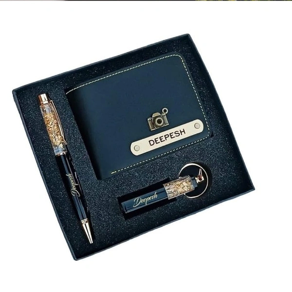 Engraving Faux Leather Men’s Wallet + Keychain Set - Tan