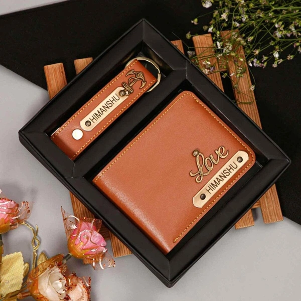Engraving Faux Leather Men’s Wallet + Keychain Set - Black