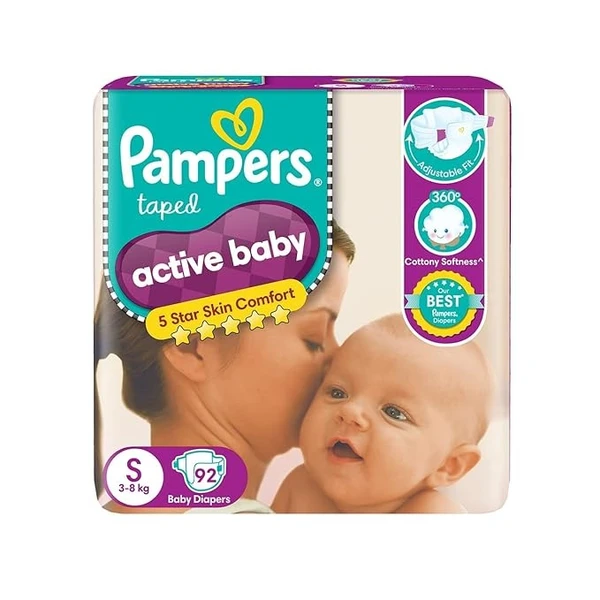 Pampers Active Baby Tape Style Diapers, Small (S) Size, 92 Count, Adjustable Fit with 5 star skin protection, 3-8kg Diapers