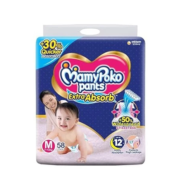 MamyPoko Pants Extra Absorb Baby Diapers, Medium (M), 58 Count, 7-12 kg