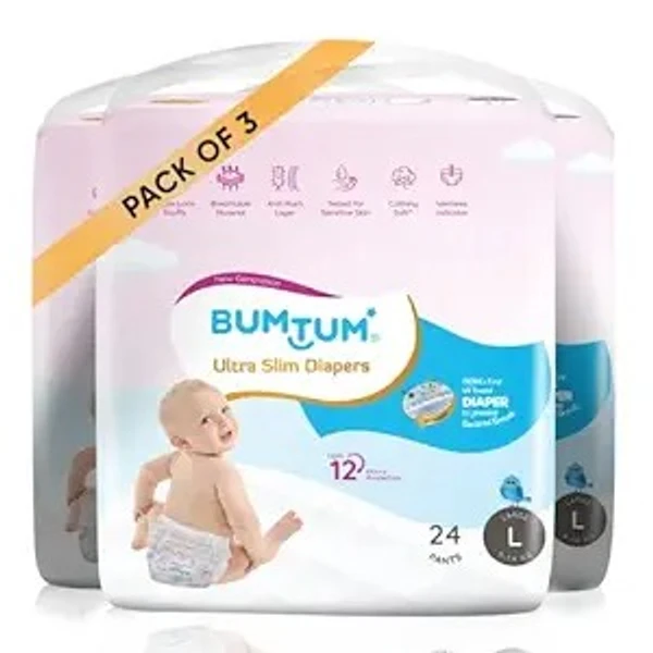 Bumtum Ultra Slim Large Baby Diaper Pants, 72 Count, For Sensitive Skin, 12 Hrs Protection,Cottony Soft Anti-Rash Layer, Wetness Indicator (Pack of 3)