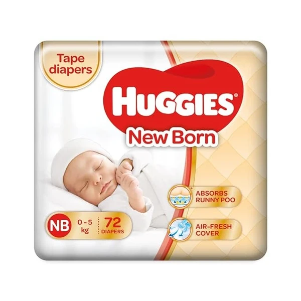 Huggies Complete Comfort Dry Tape, New Born/X-Small (NB/XS), 72 Count, Combo Pack of 2, 36 Count per pack, Baby Tape Diapers with 5 in 1 Comfort