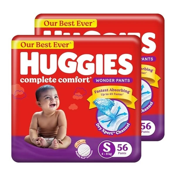 Huggies Complete Comfort Wonder Pants Small (S) Size (4-8 Kgs) Baby Diaper Pants, 112 count| India's Fastest Absorbing Diaper with upto 4x faster absorption | Unique Dry Xpert Channel