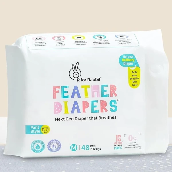 R for Rabbit Medium m Size Premium Feather Diaper for Baby 7 to 12 kgs (48 Pack Offer)