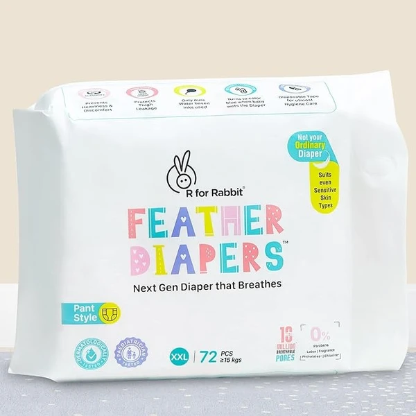 R for Rabbit XXL Size Baby Premium Feather Diaper for Baby 15+ kgs (72 Pack Offer)