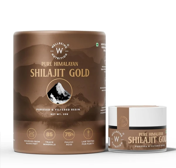 Wellbeing Nutrition Pure Himalayan Shilajit Gold Resin for Strength, Stamina, Performance, Stress Relief and Vitality | With Ashwagandha, Safed Museli & Swarna Bhasma (24K Gold Leaf) | Lab Tested - 20g
