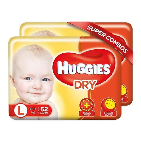 Huggies Complete Comfort Dry Tape, Large (L), 104 Count, Combo Pack of 2, 52 Count per pack, Baby Tape Diapers, with 5 in 1 Comfort