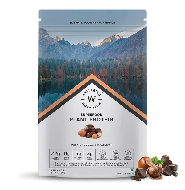 Wellbeing Nutrition Organic Vegan Plant Protein Isolate Powder | 22g Protein, 5g BCAA European Pea & Brown Rice Protein | Superfoods, Fiber for Muscle Growth & Recovery | Dark Chocolate - 500gm