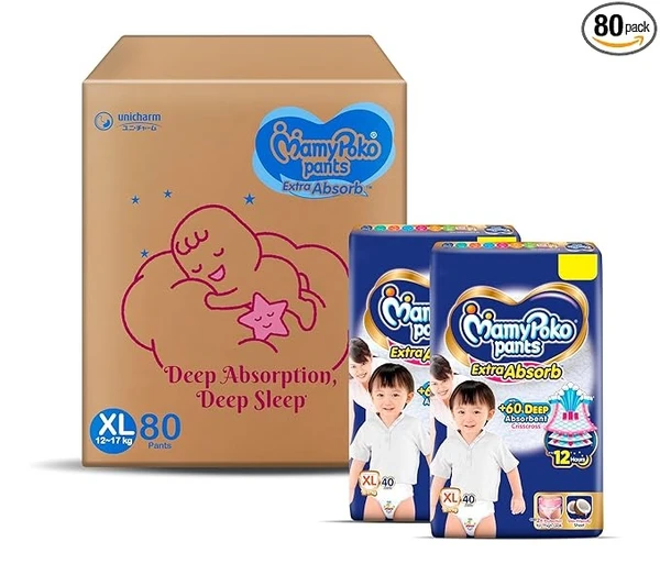 MamyPoko Pants Extra Absorb Baby Diapers, X-Large (XL), 80 Count, 12-17 kg