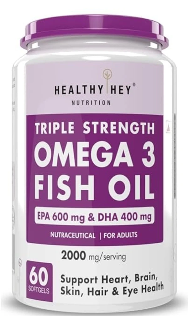 HealthyHey Nutrition Omega 3 Fish Oil | Omega 3 Fish Oil Capsules For Women and Men | Triple Strength Fish Oil | Burpless, EPA 600 - DHA 400 Supplement, 60 Softgel Capsules