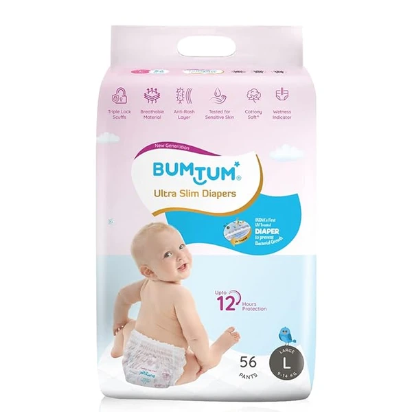 Bumtum Ultra Slim Diaper Pants | UV Protected | Large Size | Pack of 1 (56 Pants) | Bubble Layer & 12 hrs. Protection | Wetness Indicator