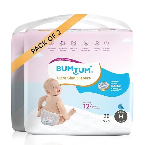 Bumtum Ultra Slim Medium Baby Diaper Pants, 56 Count, For Sensitive Skin, 12 Hrs Protection,Cottony Soft Anti-Rash Layer, Wetness Indicator (Pack of 2)