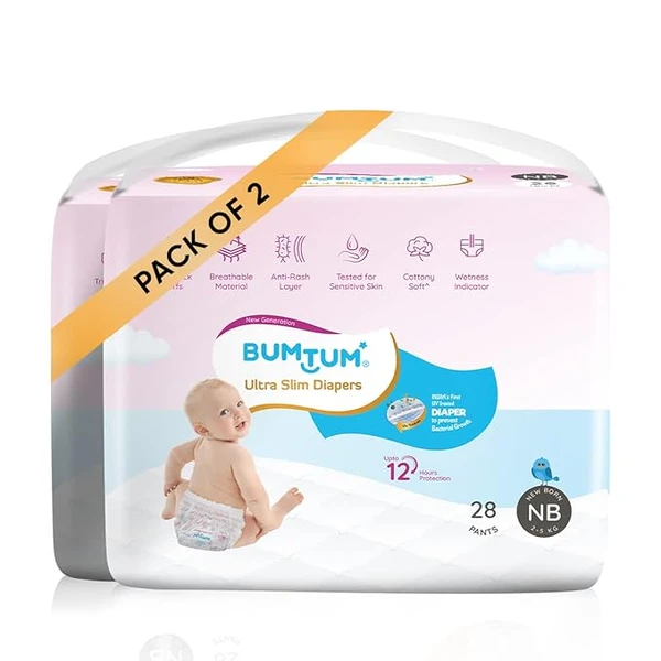 Bumtum Ultra Slim New Born Baby Diaper Pants, 56 Count, For Sensitive Skin, 12 Hrs Protection,Cottony Soft Anti-Rash Layer, Wetness Indicator (Pack of 2)