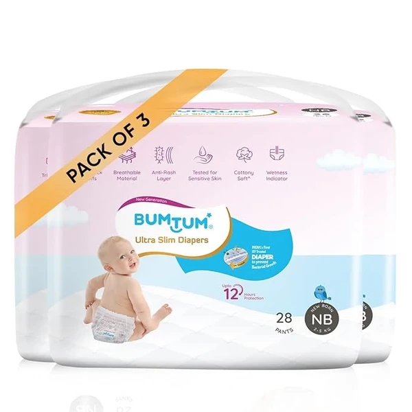 Bumtum Ultra Slim New Born Baby Diaper Pants, 84 Count, For Sensitive Skin, 12 Hrs Protection,Cottony Soft Anti-Rash Layer, Wetness Indicator (Pack of 3)