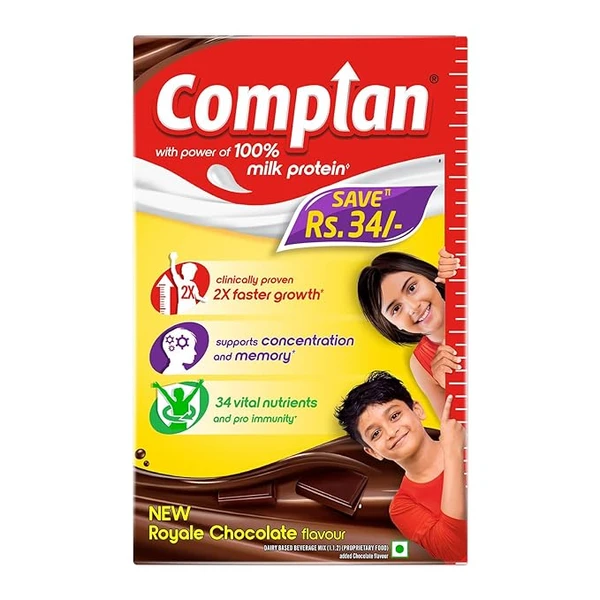 Complan Nutrition and Health Drink Royale Chocolate 750g, Refill pack with power of 100% Milk Protein and contrains 34 Vital Nutrients