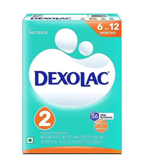 Dexolac Follow Up Infant Formula Milk Powder for Babies - Stage 2 (6 to 12 months) - with 36 Vital Nutrients - 400gms - BIB Pack