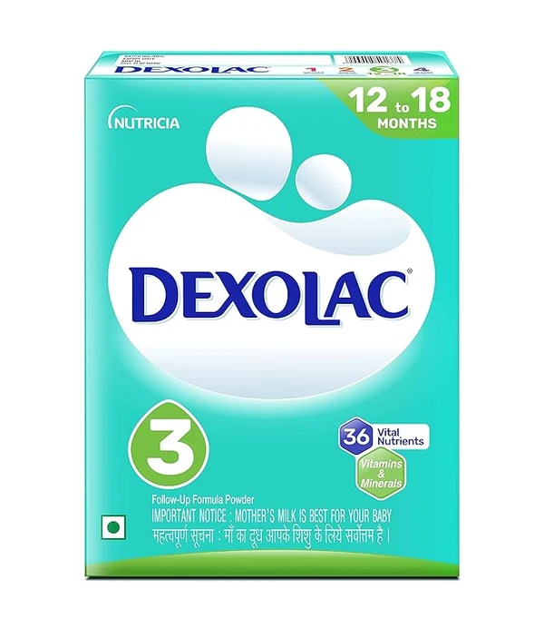 Dexolac Follow Up Infant Formula Milk Powder for Babies - Stage 3 (12 to 18 months) - with 36 Vital Nutrients - 400gms - BIB Pack