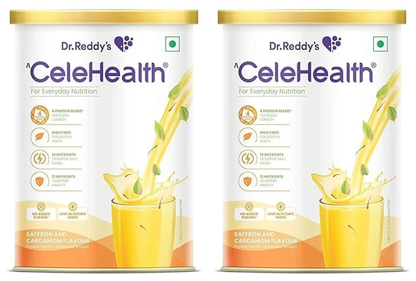 Dr. Reddy�s Celehealth Nutritional Drink, Saffron and Cardamon Flavour, 400g, Protein Supplement for daily use, Low Glycemic Index, Zero Added Sugar, Supports Immunity, Supports Muscle & Digestive Health,