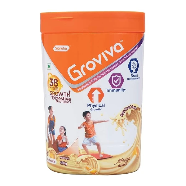 Groviva Customized Health & Nutrition Drink for Kids - Supports Digestion, Physical Growth, Immunity & Brain Development - Strawberry Flavour 400g (Jar)