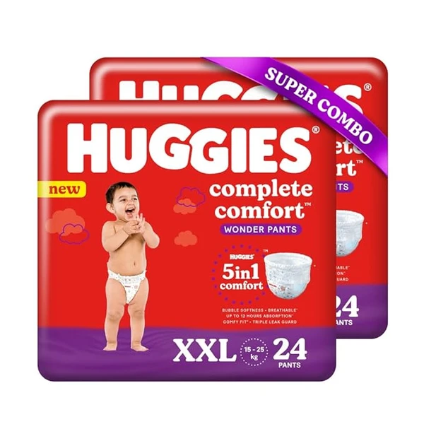 Huggies Complete Comfort Wonder Pants, Double Extra Large (15-25kg) Size,(48 count) Baby Diaper Pants, Combo Pack of 2, 24 count Per Pack, (48 count) with 5 in 1 Comfort