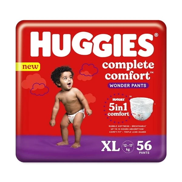 Huggies Complete Comfort Wonder Pants Extra Large (12-17kg) Size, 56 count Baby Diaper Pants, with 5 in 1 Comfort