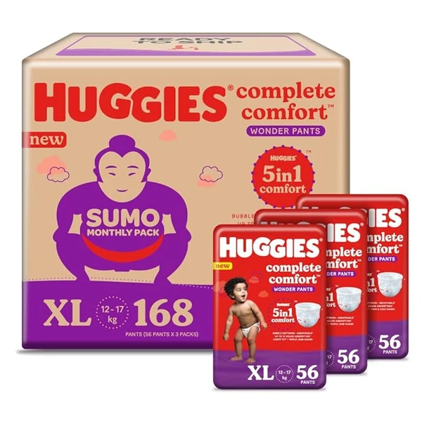 Huggies Complete Comfort Wonder Pants Extra Large (XL) Size Baby Diaper Pants Sumo Pack, 168 count, with 5 in 1 Comfort
