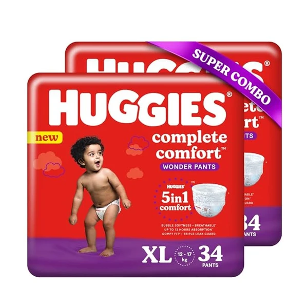 Huggies Complete Comfort Wonder Pants, Extra Large (XL) Size Baby Diaper Pants, Combo Pack of 2, 34 count Per Pack, (68 count) with 5 in 1 Comfort