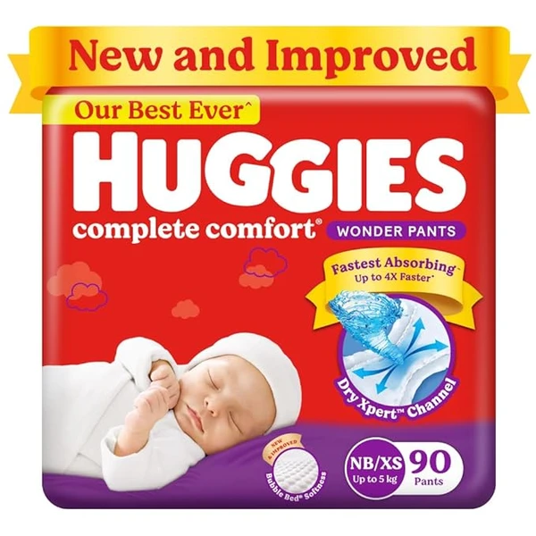 Huggies Complete Comfort Wonder Pants, Extra Small (0-5kg) Size Baby Diaper Pants,(90 count) with 5 in 1 Comfort