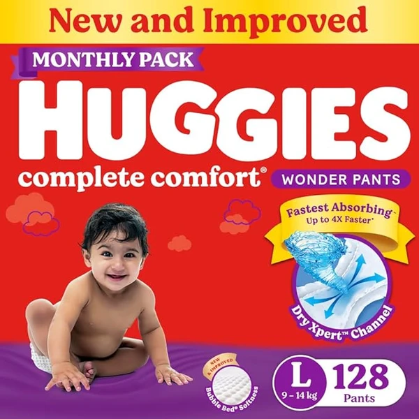 Huggies Complete Comfort Wonder Pants Large (9-14kg) Size Baby Diaper Pants 128 count Monthly Pack, with 5 in 1 Comfort