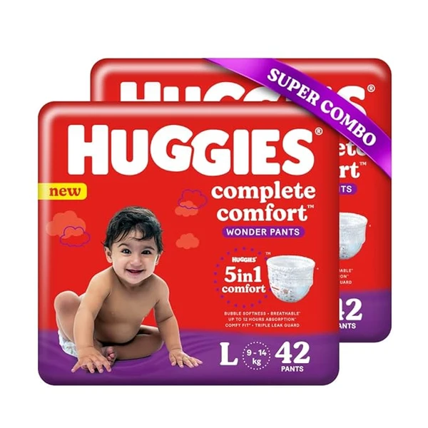 Huggies Complete Comfort Wonder Pants, Large (L), 42 Count (Pack of 2) Baby Diaper Pants, with 5 in 1 Comfort