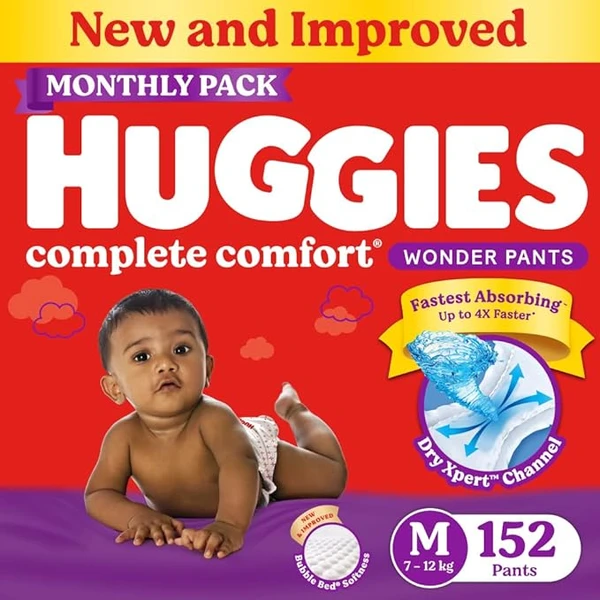 Huggies Complete Comfort Wonder Pants Medium (M) Size Baby Diaper Pants Monthly Pack, 152 count, with 5 in 1 Comfort