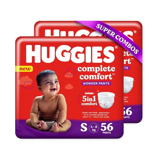 Huggies Complete Comfort Wonder Pants, Small (S) Size Baby Diaper Pants, Combo Pack of 2, 56 count Per Pack, (112 count) with 5 in 1 Comfort