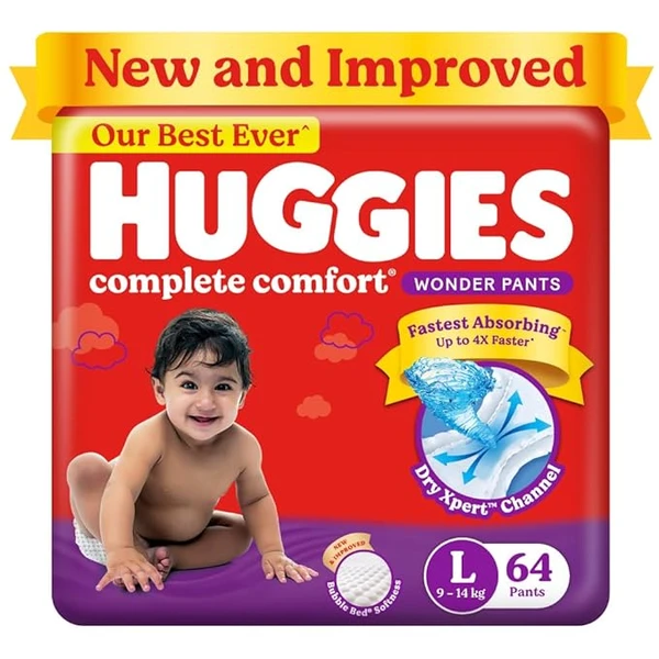 Huggies Complete Comfort Wonder Pants,Large (L) Size Baby Diaper Pants,(64 count) (9-14Kg) with 5 in 1 Comfort