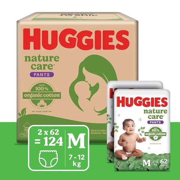 Huggies Nature Care Pants for Babies, Medium (M) Size Baby Diaper Pants, 124 Count, 7-12 kg,Nature's gentle protection with 100% organic cotton, Medium Size , Pack of 124