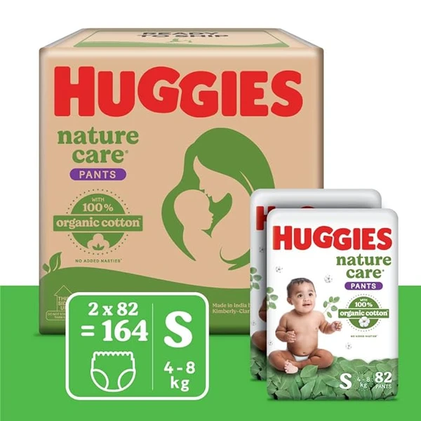 Huggies Nature Care Pants for Babies, Small (S) Size Baby Diaper Pants, 164 Count,(4-8 Kg) Nature's gentle protection with 100% organic cotton, Small Size , Pack of 164