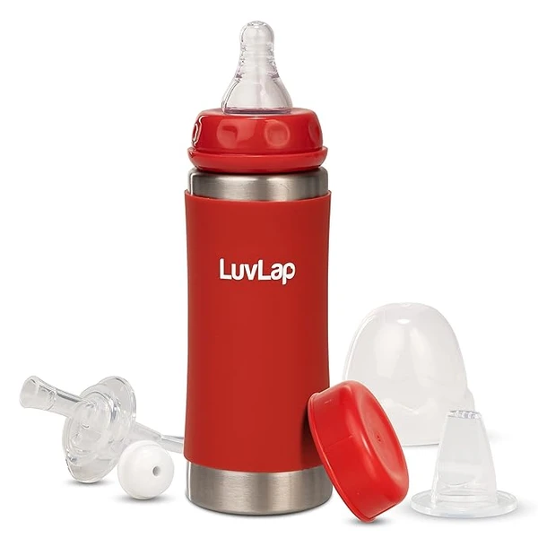 LuvLap 4 in 1 Steel Baby Sipper, Made of SS304 Rust Free Steel, Heat Protective Silicone Cover, BPA Free, Odour Free, Spout, Weighted Straw & Cap, Red, 3M+, 240ml