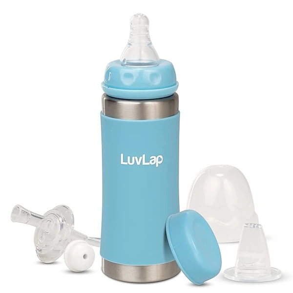 LuvLap 4 in 1 Steel Baby Sipper, Made of SS304 Rust Free Steel, Heat Protective Silicone Cover, BPA Free, Odour Free, Spout, Weighted Straw & Cap, Blue, 3M+, 240ml