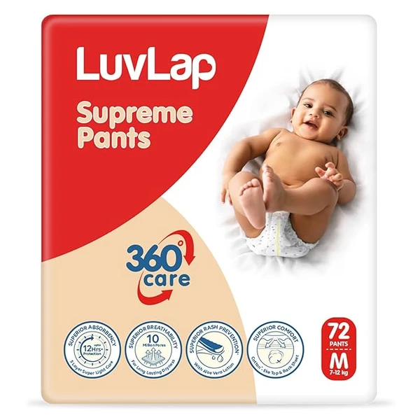 LuvLap Supreme Diaper Pants Medium (MD) 7 to 12Kg, 72 Pcs, 360� skin care with 10 million breathable pores, Aloe Vera for superior Rash prevention, upto 12hr protection, 5 layer super light core