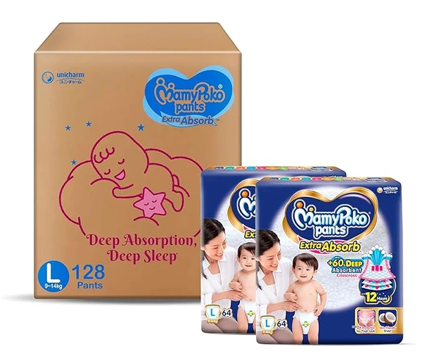 MamyPoko Pants Extra Absorb Baby Diapers, Large (L), 128 Count, 9-14 kg