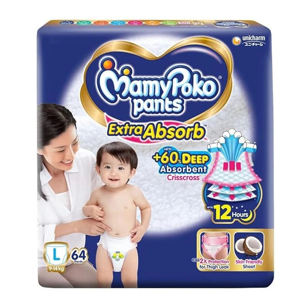 MamyPoko Pants Extra Absorb Baby Diapers, Large (L), 64 Count, 9-14kg