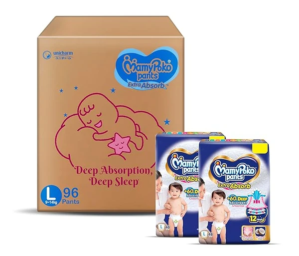 MamyPoko Pants Extra Absorb Baby Diapers, Large (L), 96 Count, 9-14 kg