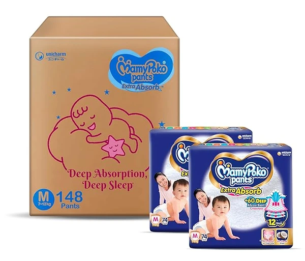 MamyPoko Pants Extra Absorb Baby Diapers, Medium (M), 148 Count, 7-12 kg