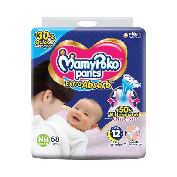 MamyPoko Pants Extra Absorb Baby Diapers, New Born/X-Small (NB/XS), 58 Count, Upto 5kg