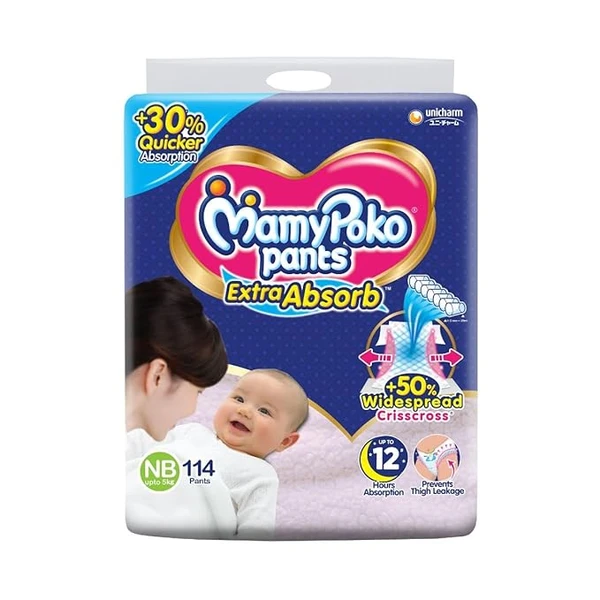 MamyPoko Pants Extra Absorb Baby Diapers, New Born/X-Small (NB/XS), 114 Count, Upto 5kg