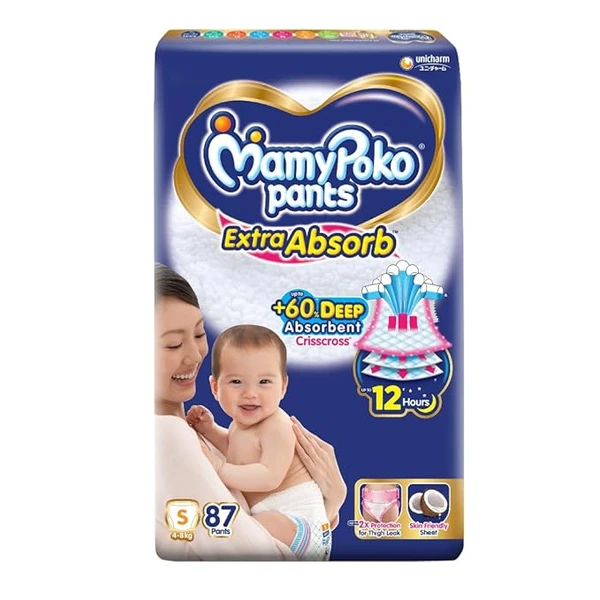 MamyPoko Pants Extra Absorb Baby Diapers, Small (S), 87 Count, 4-8kg