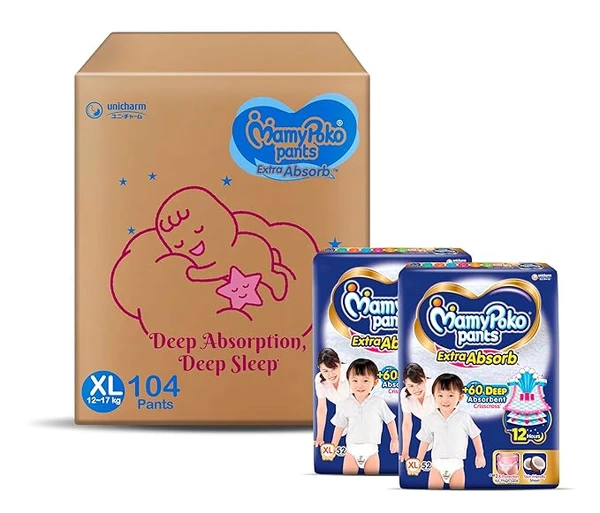 MamyPoko Pants Extra Absorb Baby Diapers, X-Large (XL), 104 Count, 12-17 kg